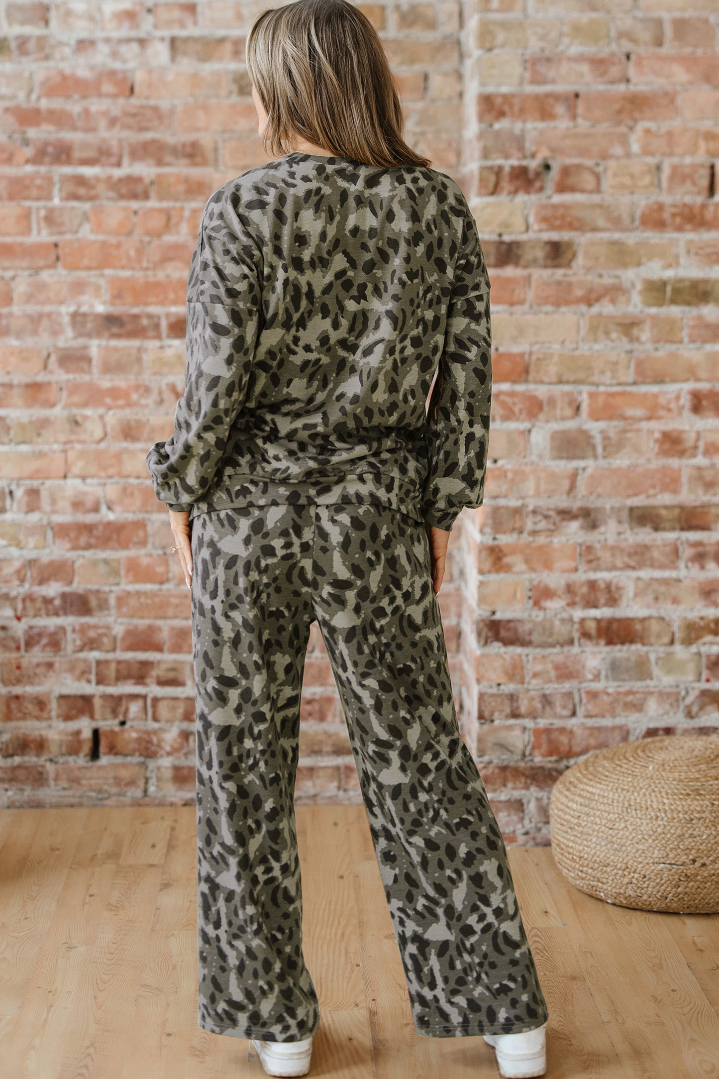 Gray Leopard Print Raw Seam Patchwork Pullover Drawstring Loose Pant Set