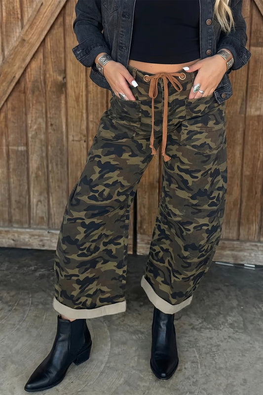 Multicolour Camouflage Print Retro Grommet Tie Waist Loose Jeans