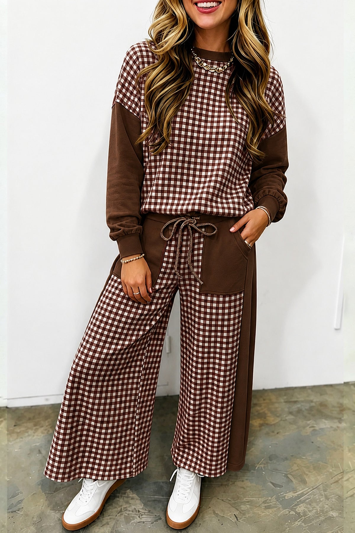 Khaki Color Block Plaid Patchwork Long Sleeve Pullover Wide Leg Pant Set