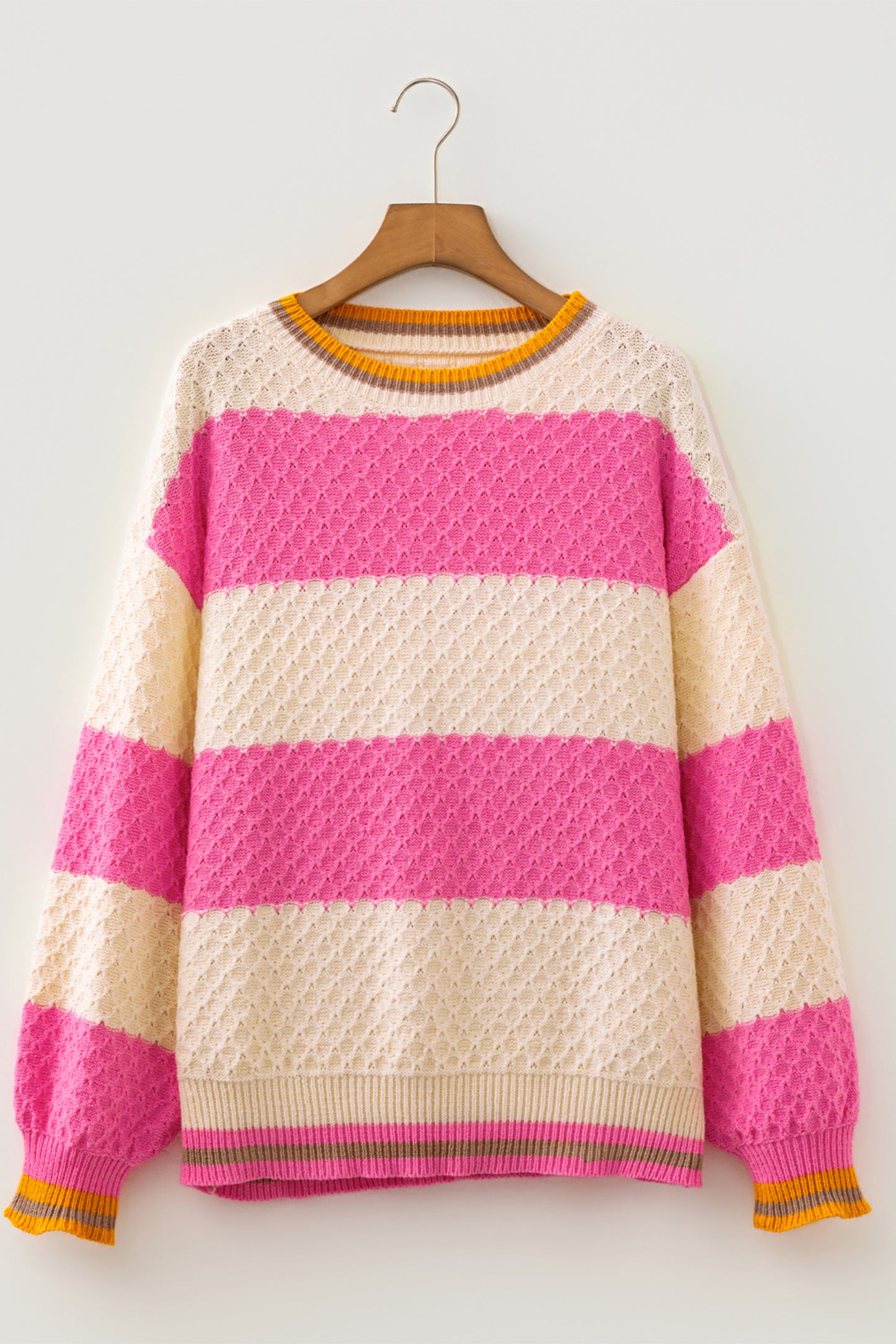 Pink Stripe Striped Colorblock Texture Drop Shoulder Sweater