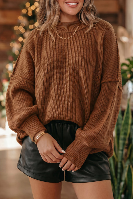 Chestnut Long Sleeve Ribbed Knit Stand Neck Regular Fit Sweater