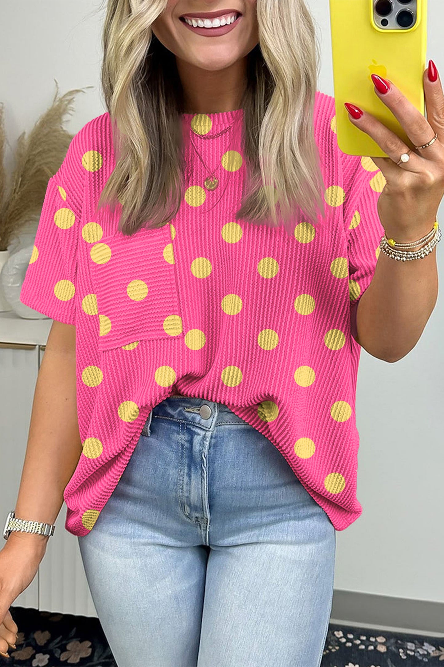 Sky Blue Polka Dot Round Neck Drop Shoulder Patch Pocket Jacquard Texture Top