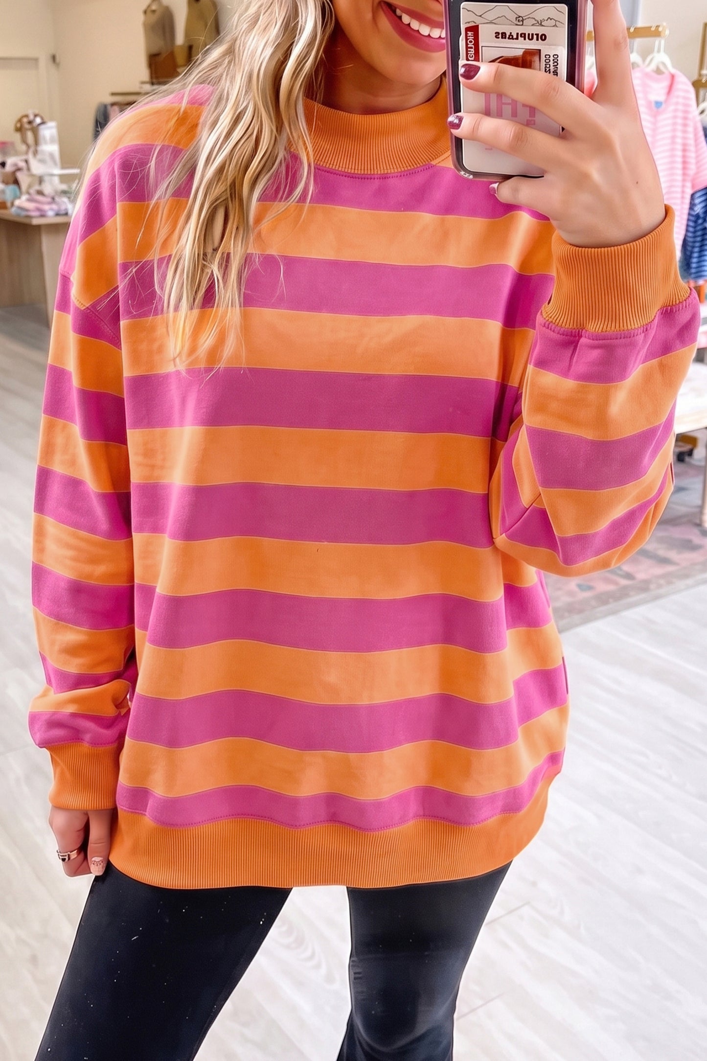 Brown Stripe Colorblock Mock Neck Relaxed Sweatshirt