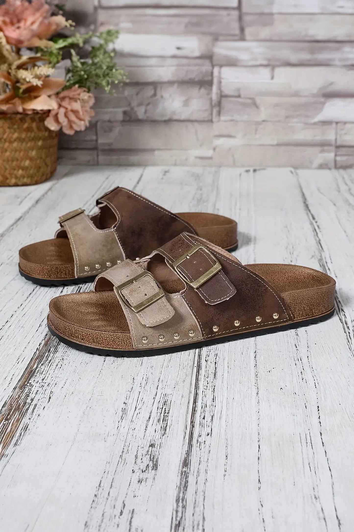 Light Blue Leopard Two-tone Retro Buckle Straps Hollowed Faux Suede Slippers