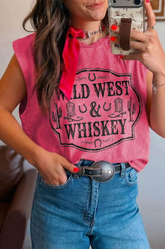 Bonbon Bonbon Toner Washed Wild West Whiskey Print Sleeveless Muscle Top