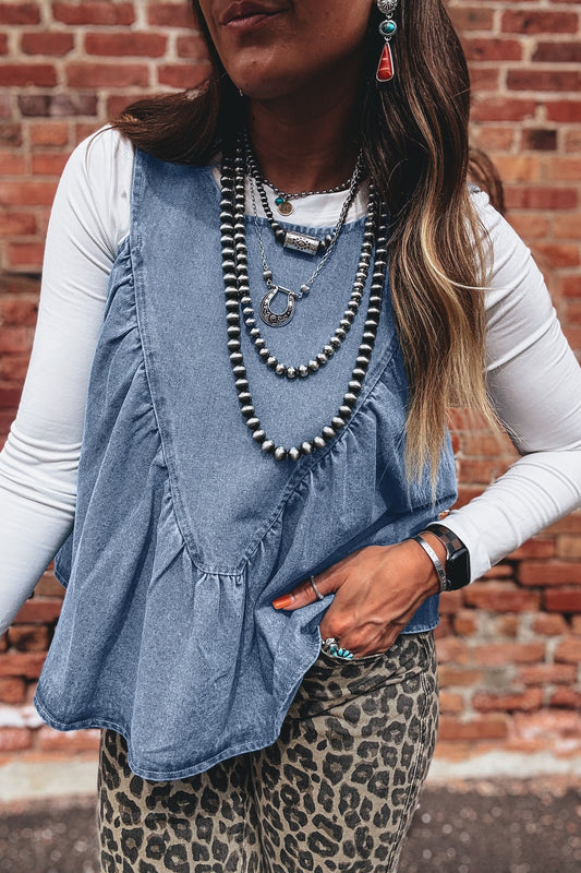 Myosotis Denim Pleated Patchwork Sleeveless Top
