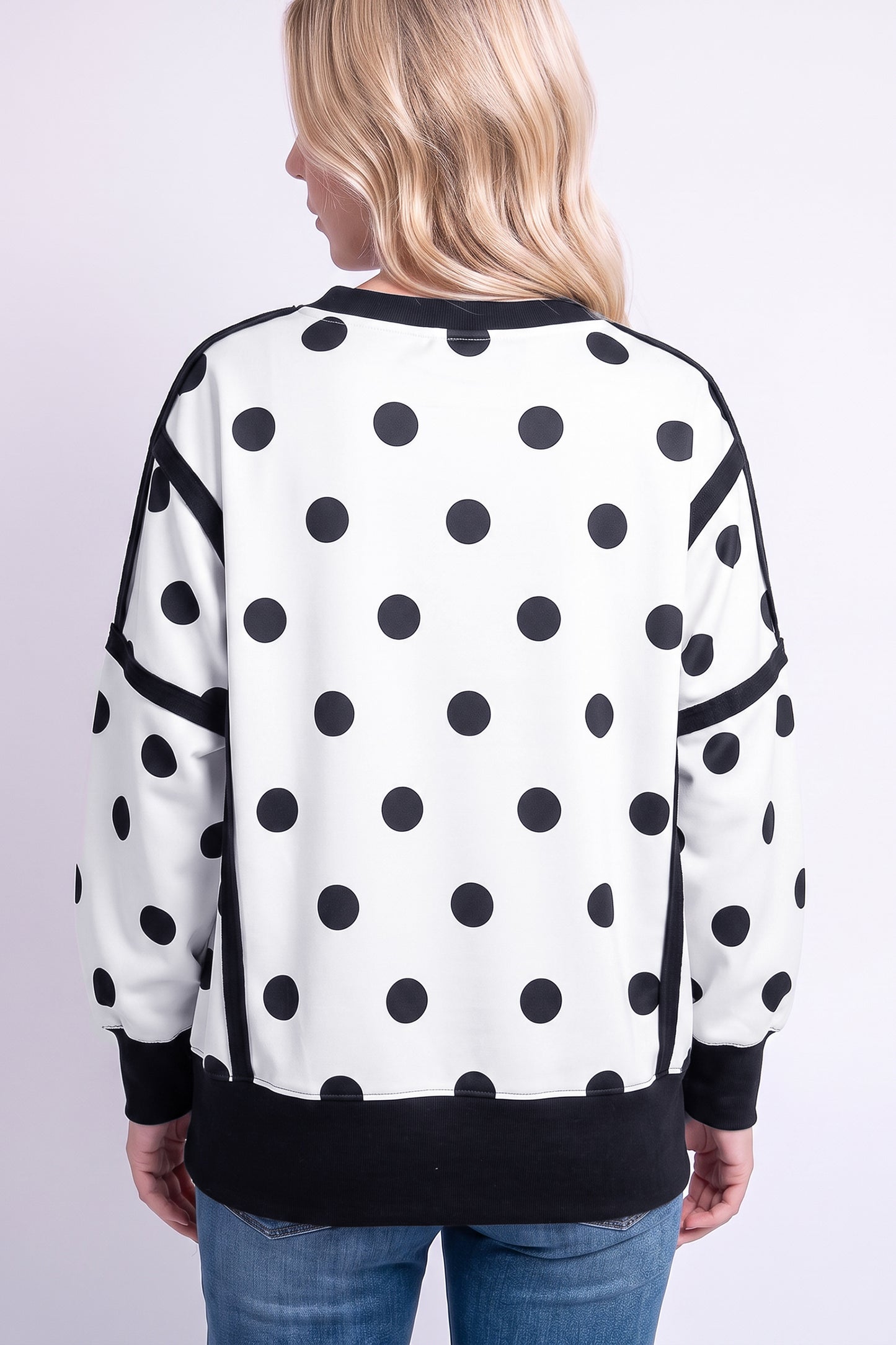 White Polka Dot Contrast Patchwork Round Neck Baggy Sweatshirt
