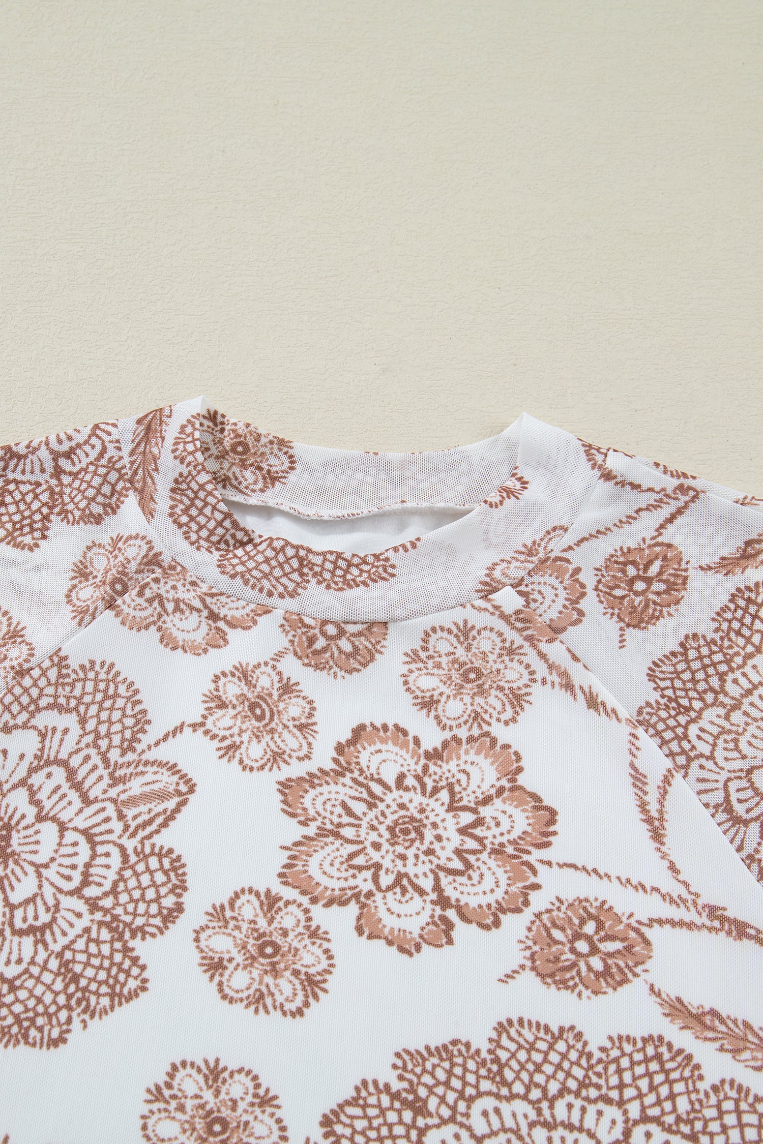 Brown Thumbhole Long Sleeve Floral Print Mesh Top