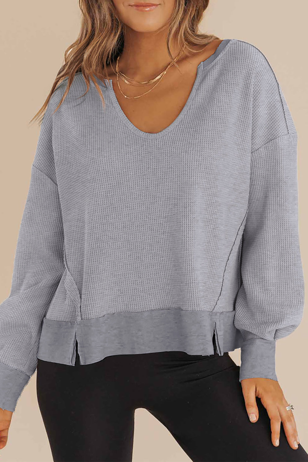 Gray Waffle Knit Notched V Neck Drop Shoulder Solid Sweatshirt