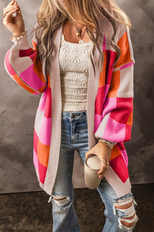 Red Light Checkered Drop Shoulder Exposed Seam Open Front Cardigan
