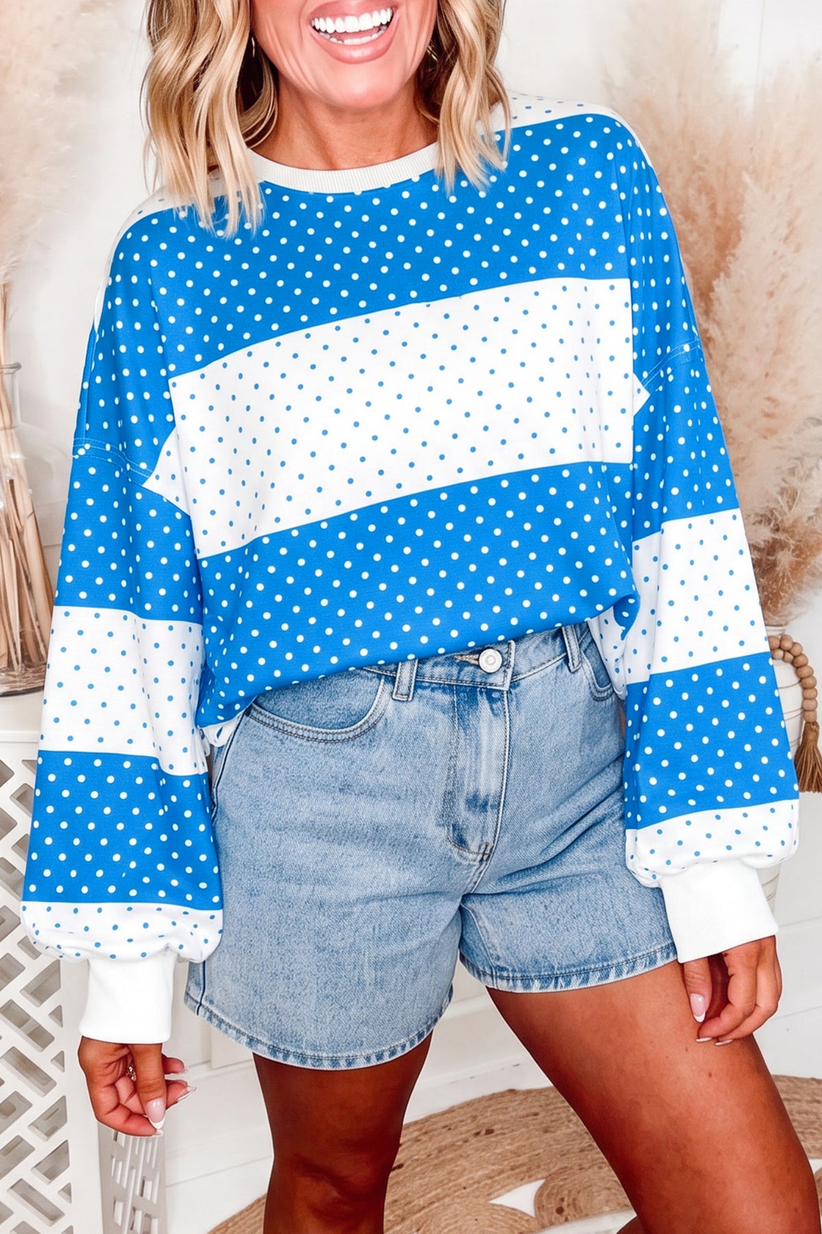 Pink Polka Dot Patchwork Colorblock Long Sleeve Top