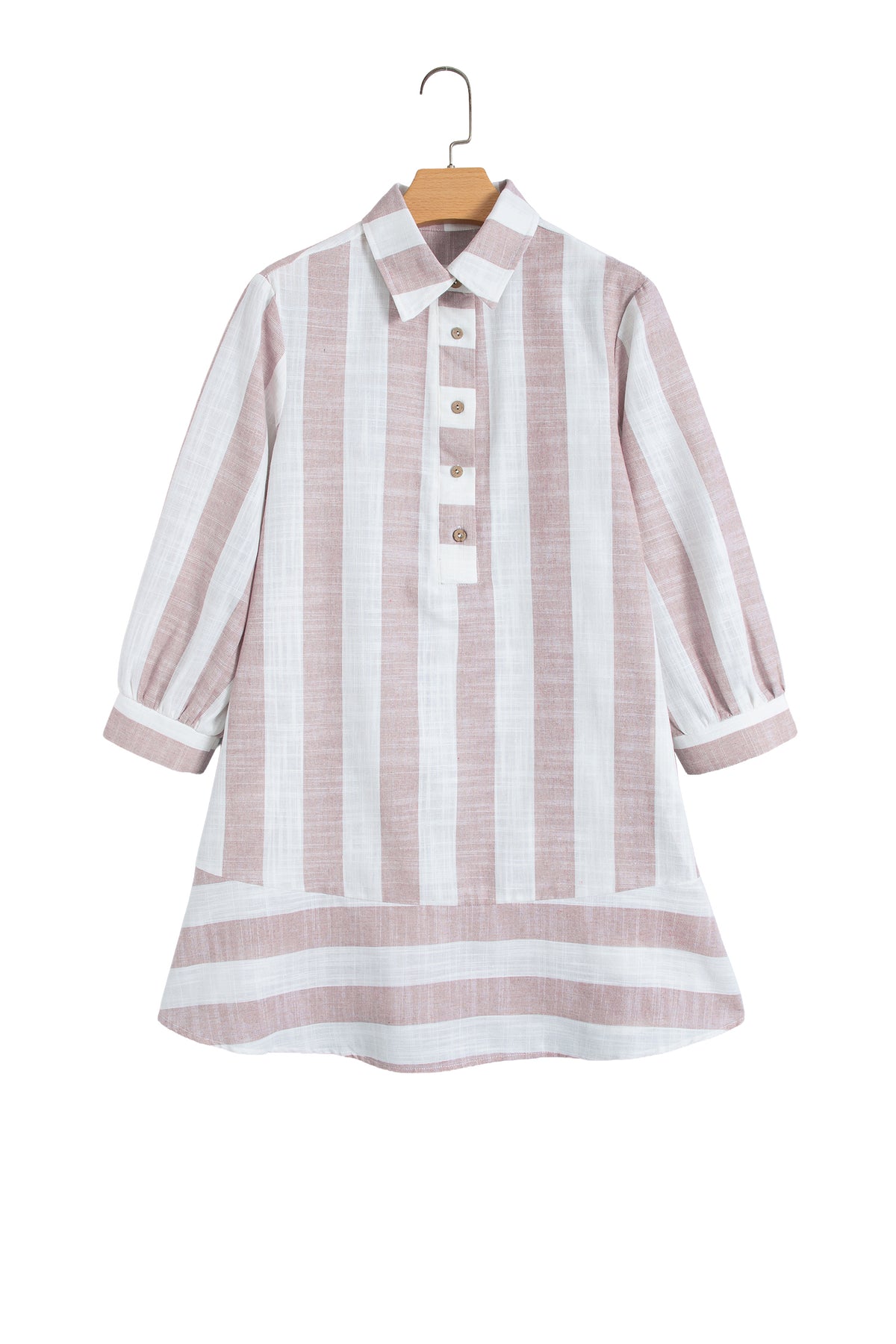 Khaki Stripe Striped Button-Up Three-Quarter Sleeve Short Shift Dress