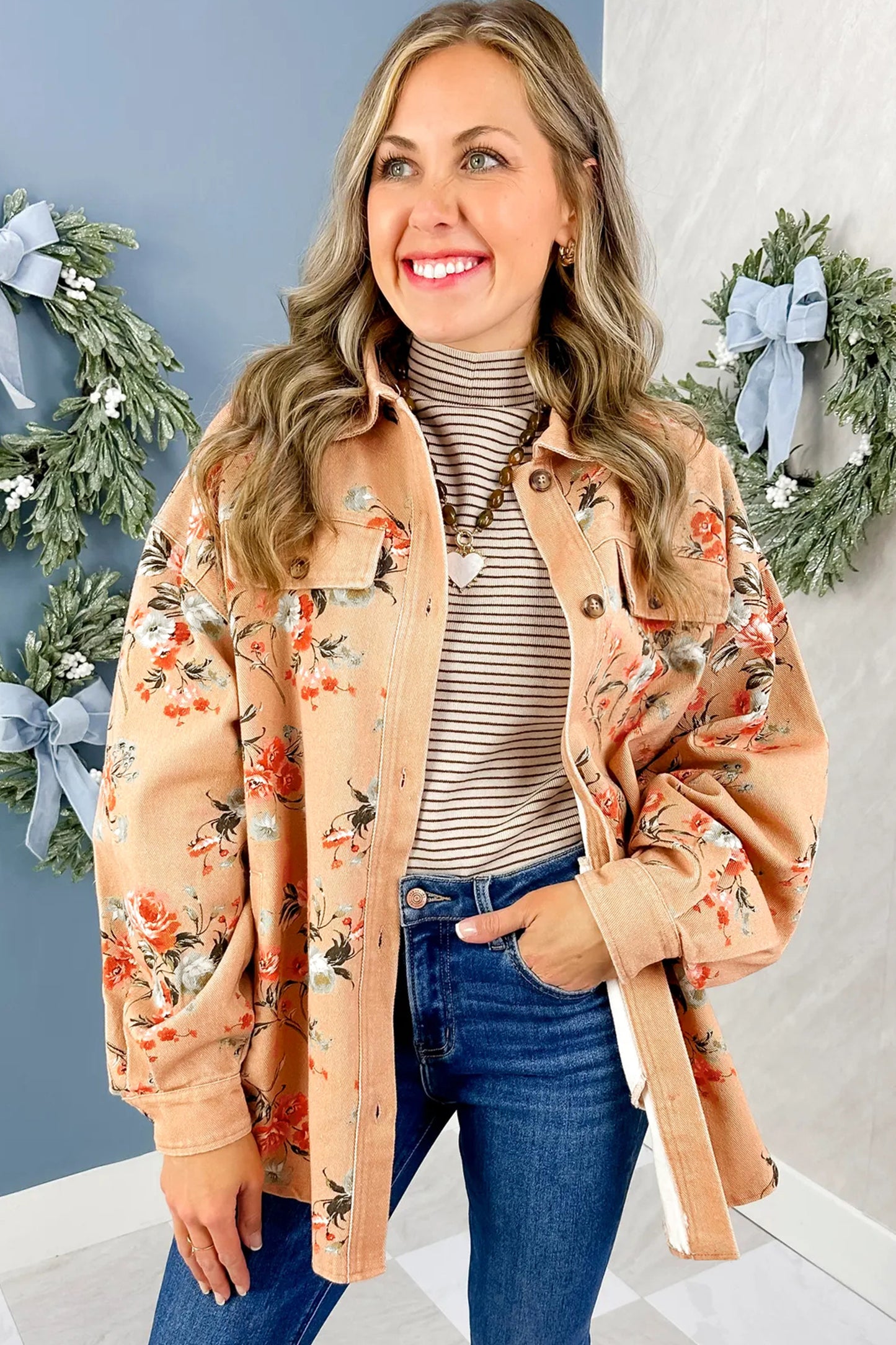 Khaki Floral Print Long Sleeve Denim Jacket Shift Silhouette Tunic Length Casual Daily Wear
