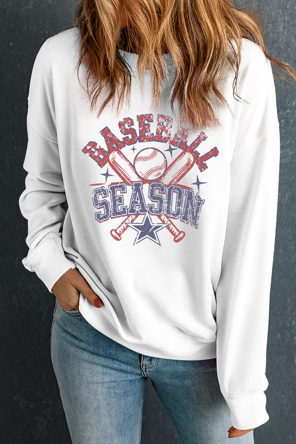 White BASEBALL SEASON Vintage Print Graphic Sweatshirt