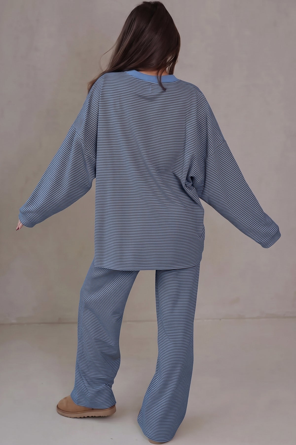 Brown Stripe Contrast Trim Round Neck Oversize Long Sleeve Top 2pcs Pant Set