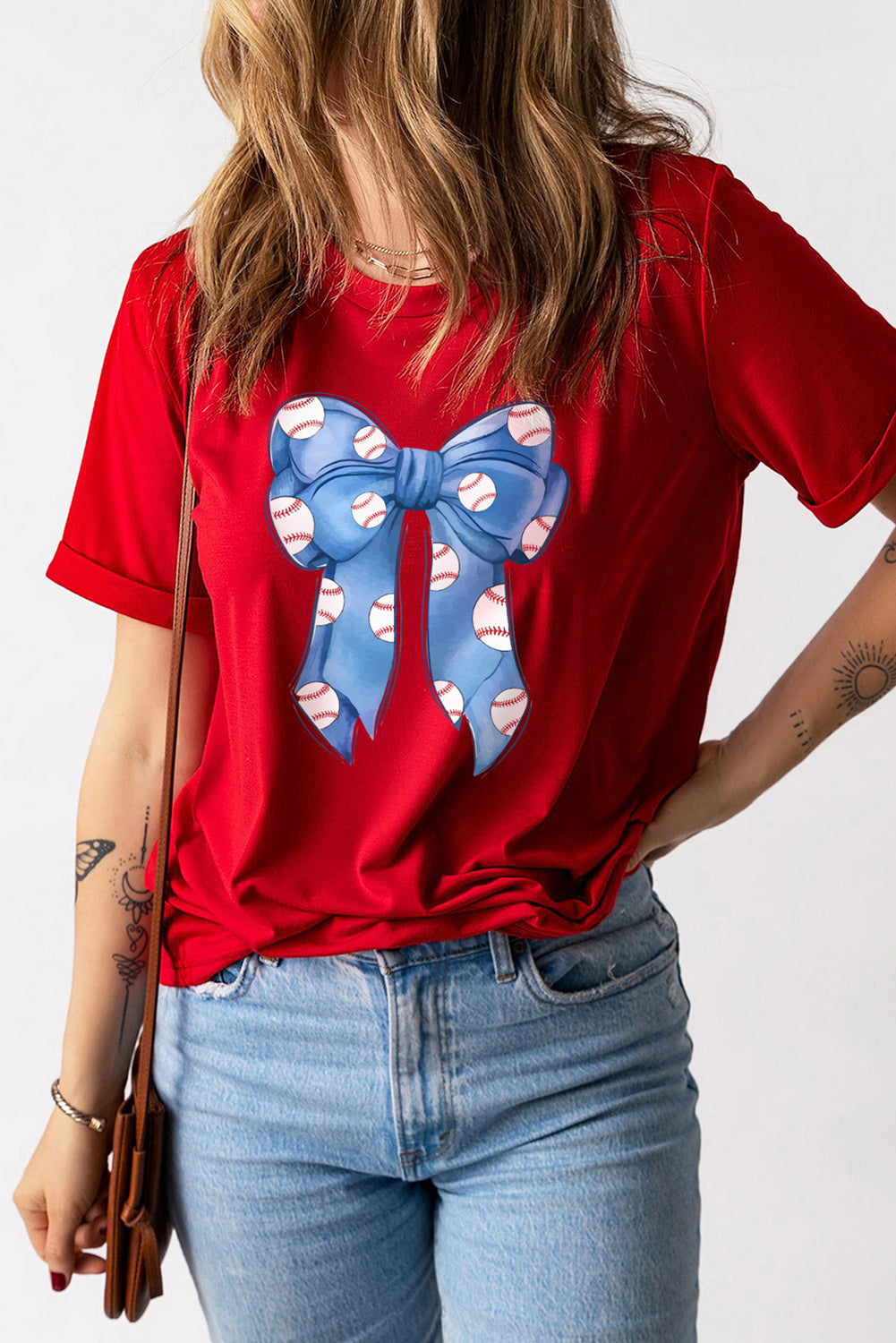 Red Rugby Bowknot Graphic Crew Neck Tee