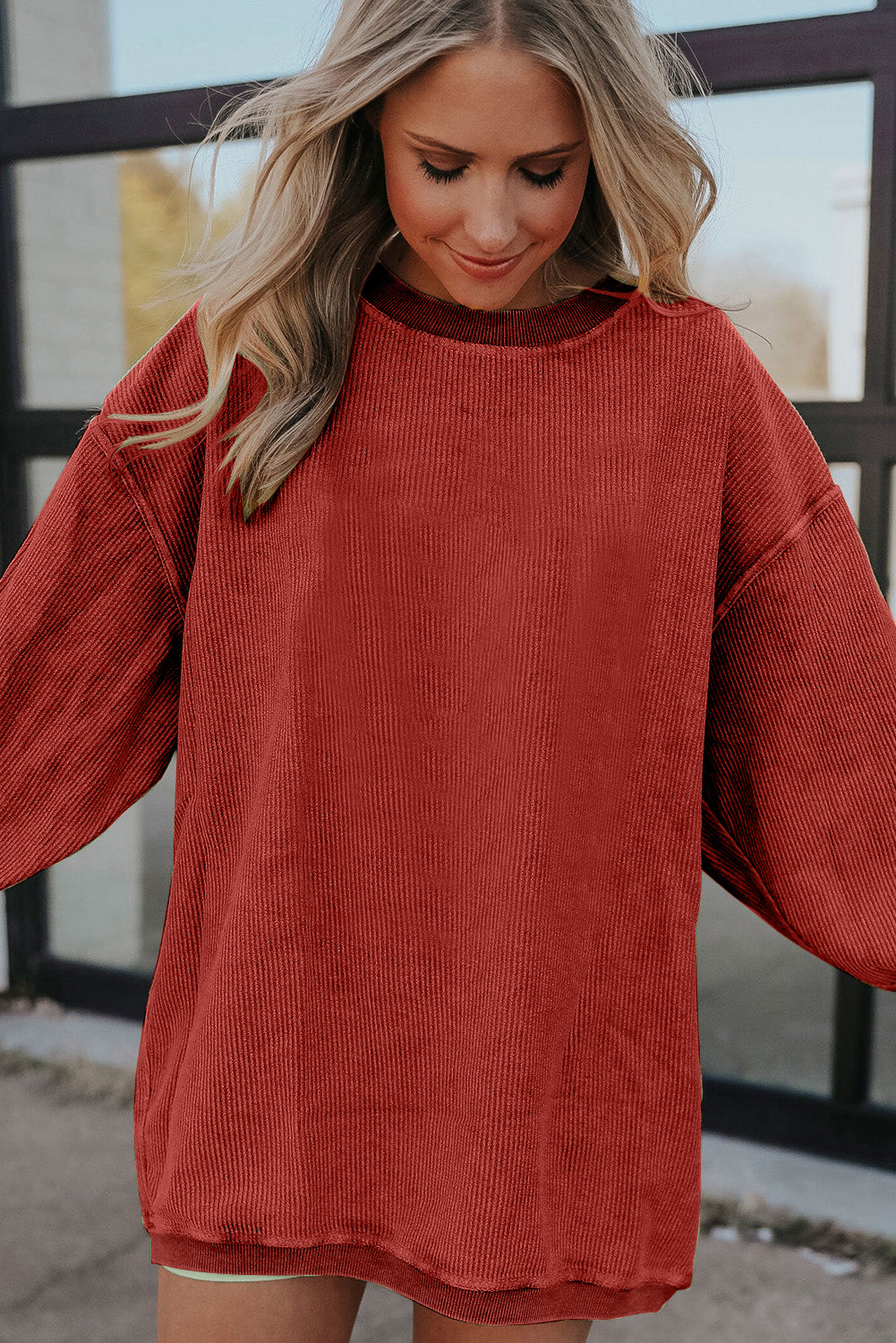 Strawberry Pink Ribbed Corduroy Oversized Sweatshirt