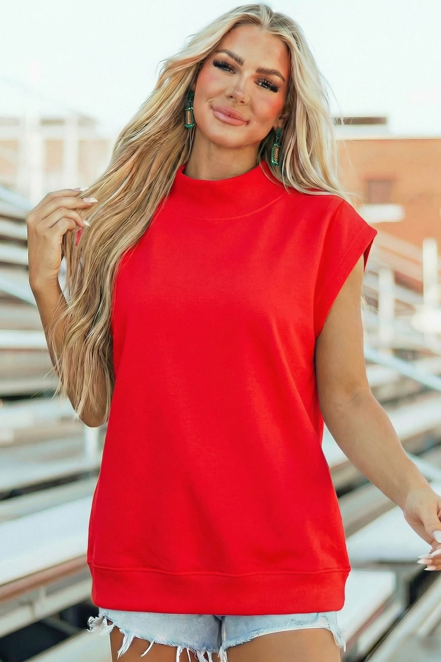Pink Solid Color High Neck Cap Sleeve Loose Top