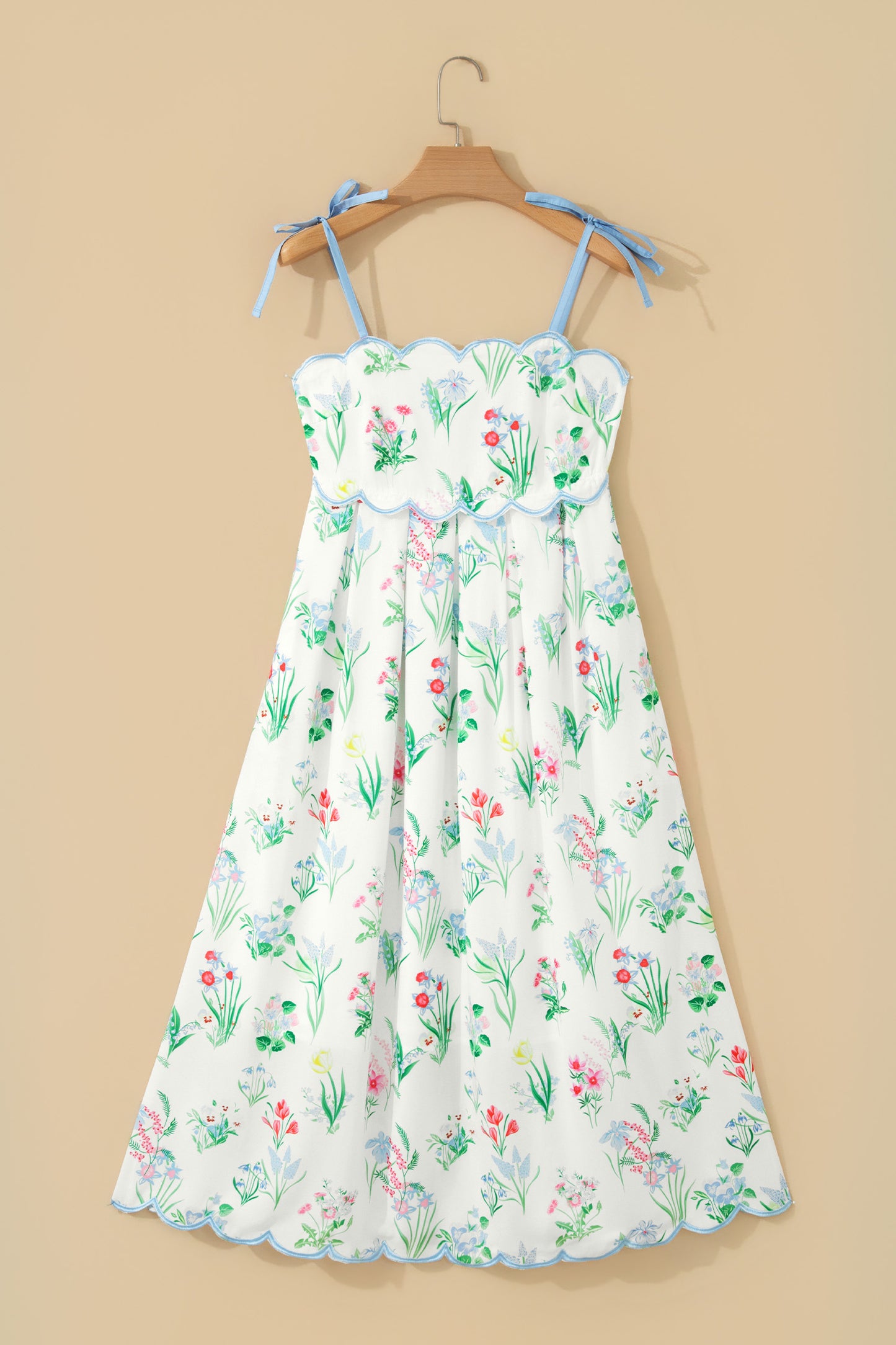 Pink Floral Print Contrast Trim Self-tie Straps High Waist Midi Dress
