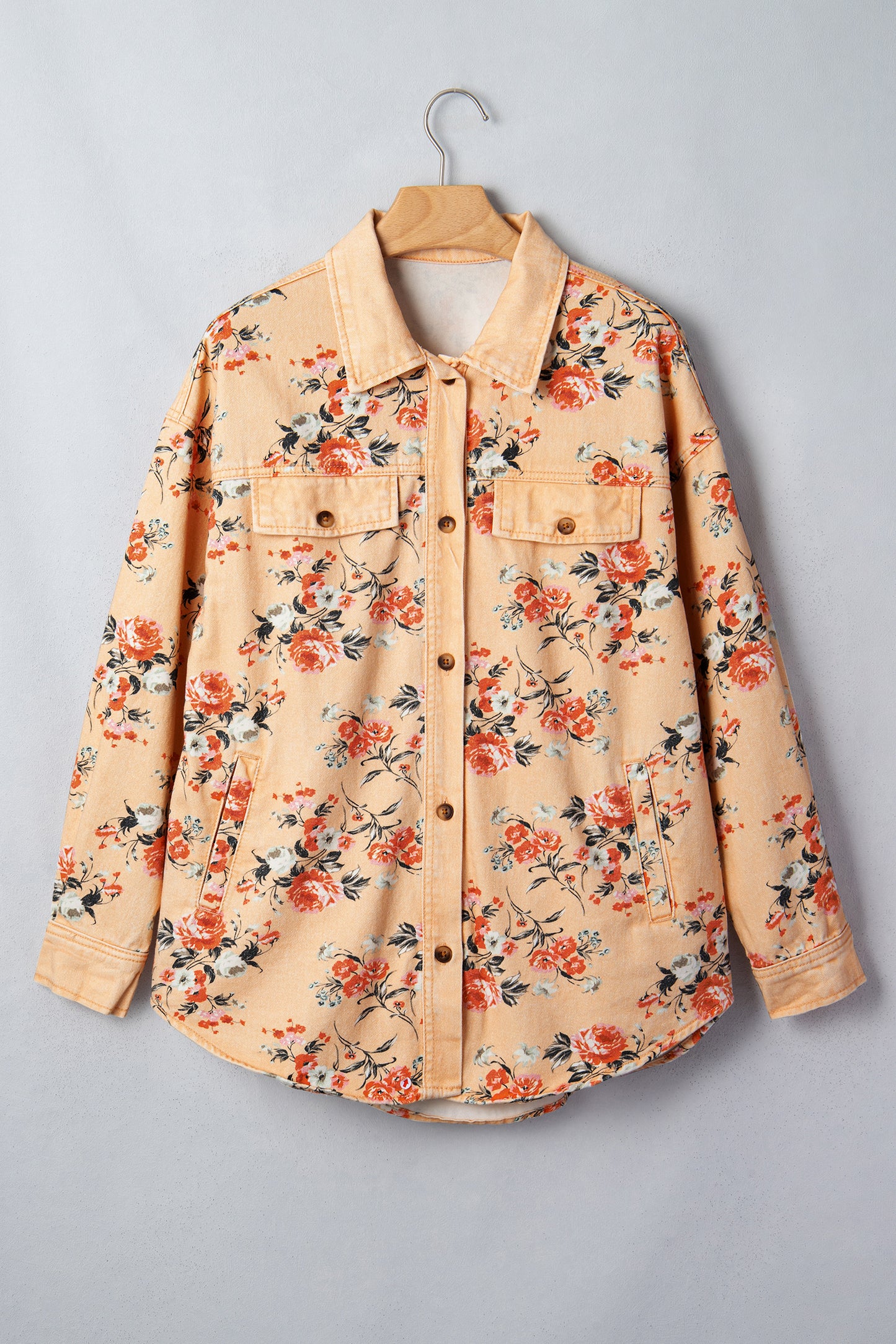 Khaki Floral Print Long Sleeve Denim Jacket Shift Silhouette Tunic Length Casual Daily Wear
