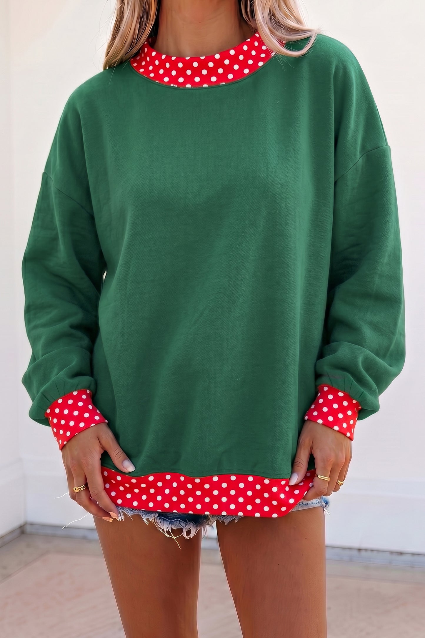 Burgundy Colorblock Polka Dot Contrast Trim Oversized Sweatshirt
