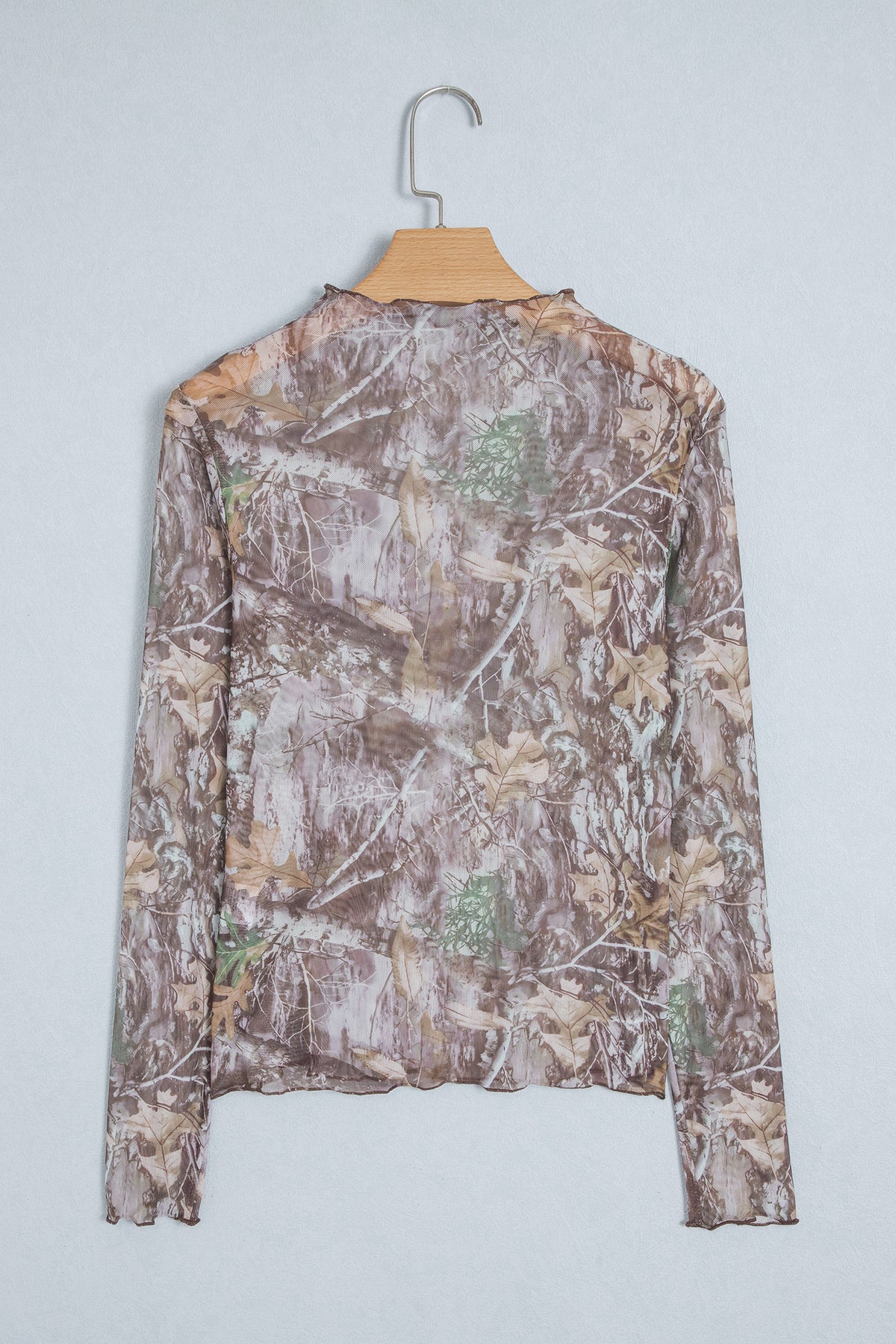 Beige Floral Print Slim Fit Mesh Long Sleeve Mock Neck Top