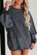 Gray Twisted Ribbed Texture saved by grace Letter Embroidered Pullover Sweatshirt