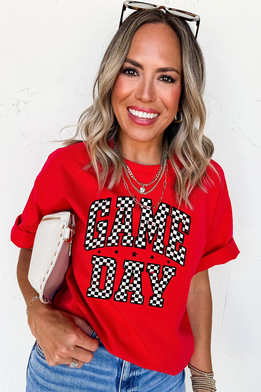 Red Checkered Game Day Graphic T Shirt