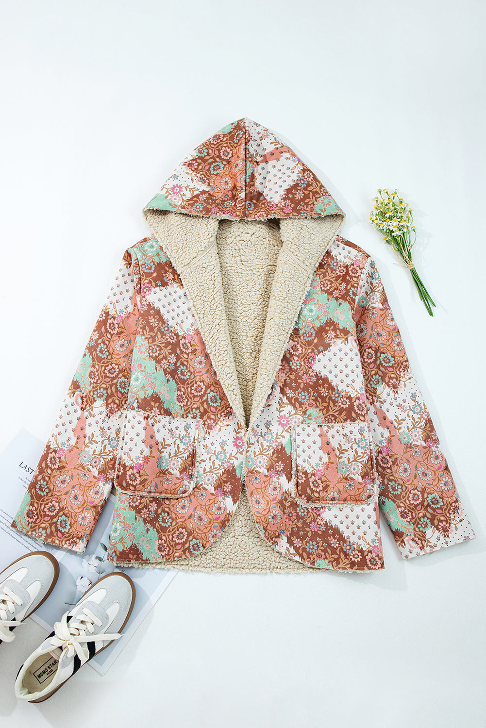 Beige Vintage Paisley Floral Printed Sherpa Lined Hooded Jacket