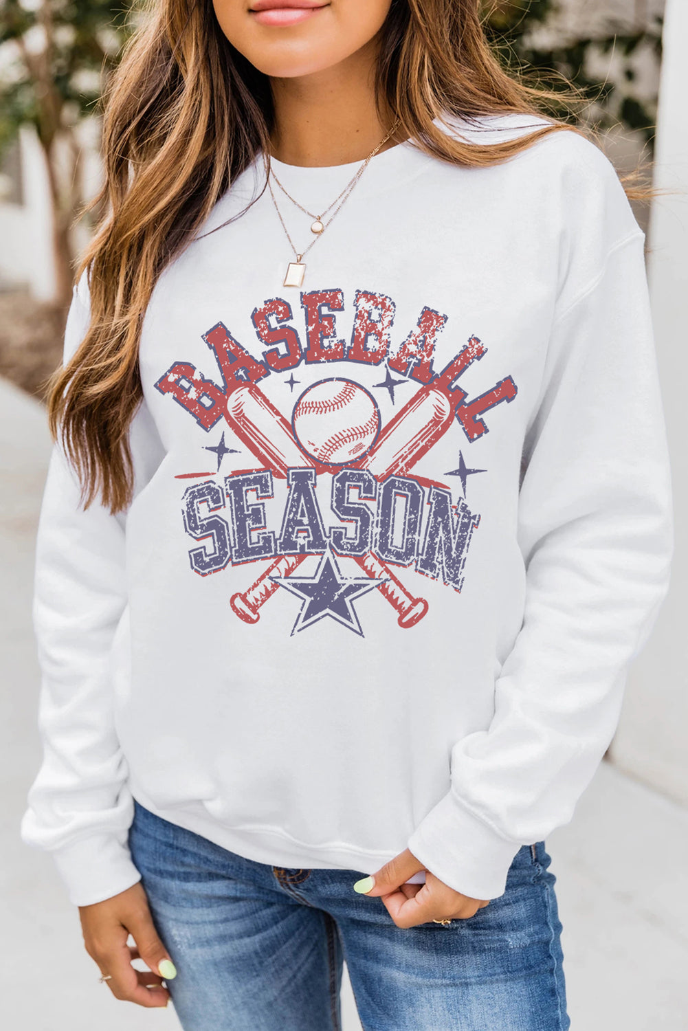 White BASEBALL SEASON Vintage Print Graphic Sweatshirt