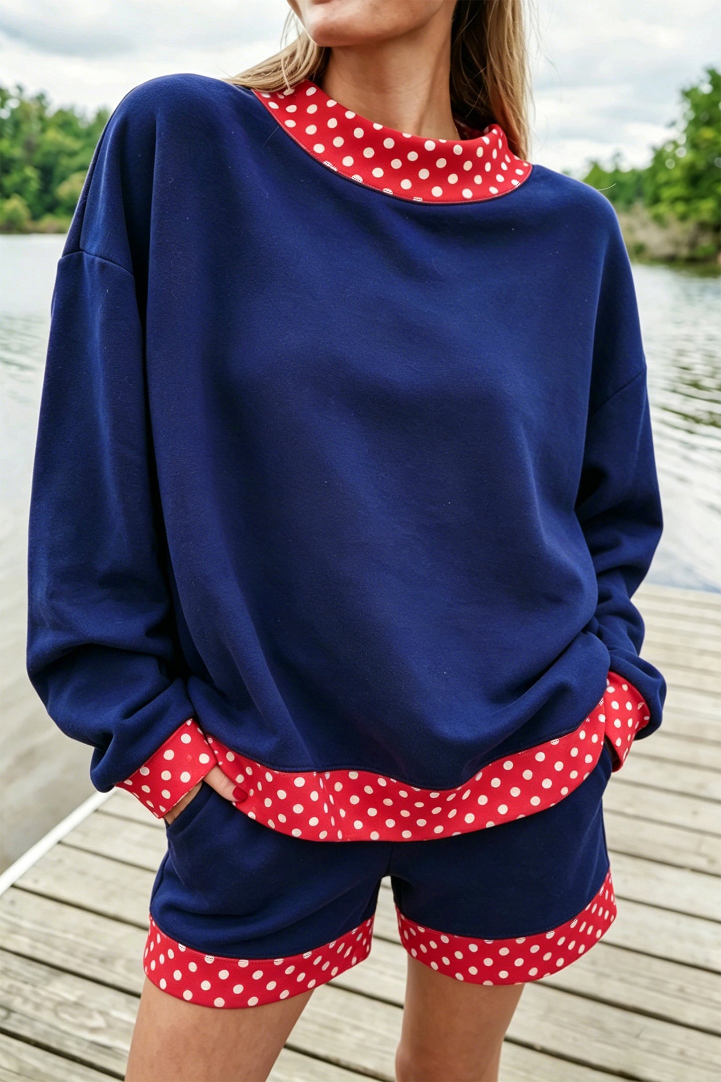 Dark Blue Polka Dot Trim Baggy Pullover 2pcs Short Set