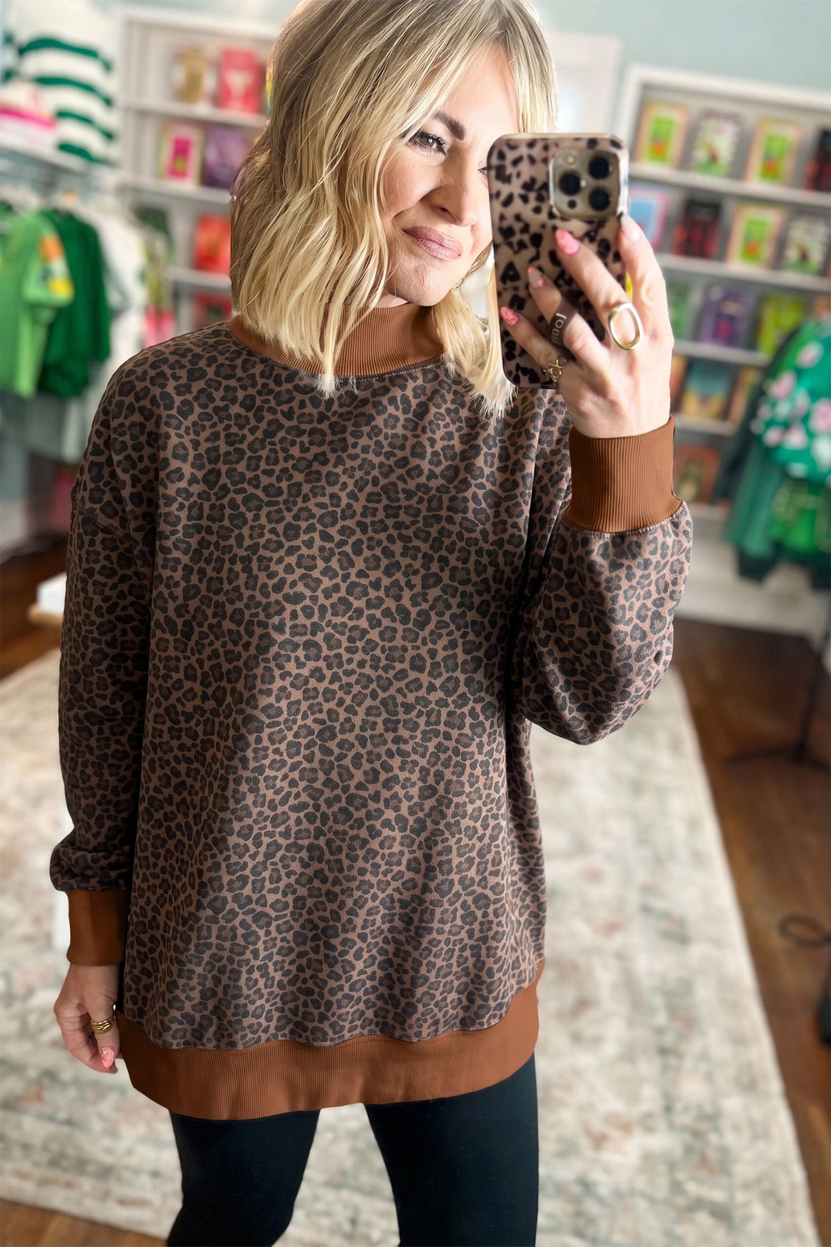Multicolour Leopard Print High Neck Long Sleeve Ribbed Cuffs Hem Sweatshirt