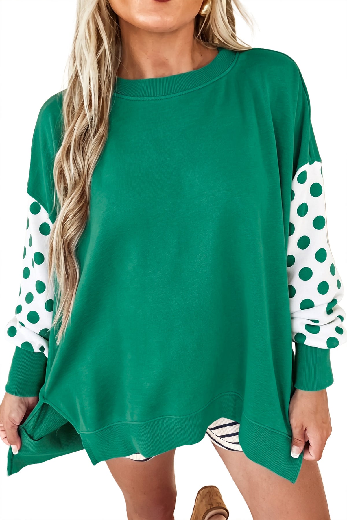 Green Polka Dot Patchwork Sleeve Crew Neck Loose Pullover Sweatshirt