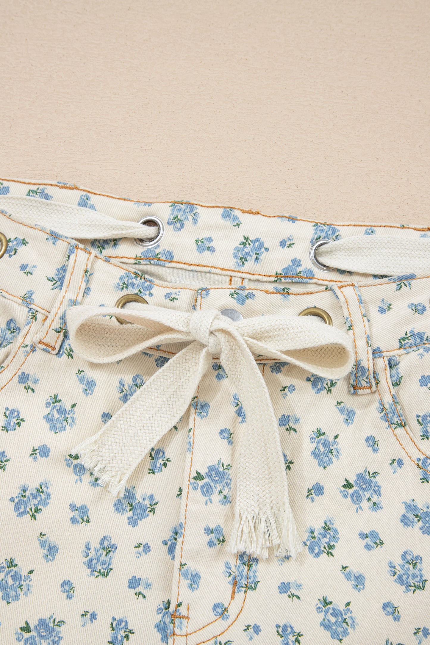 Beige Grommet Knot Waist Floral Barrel Leg Jeans