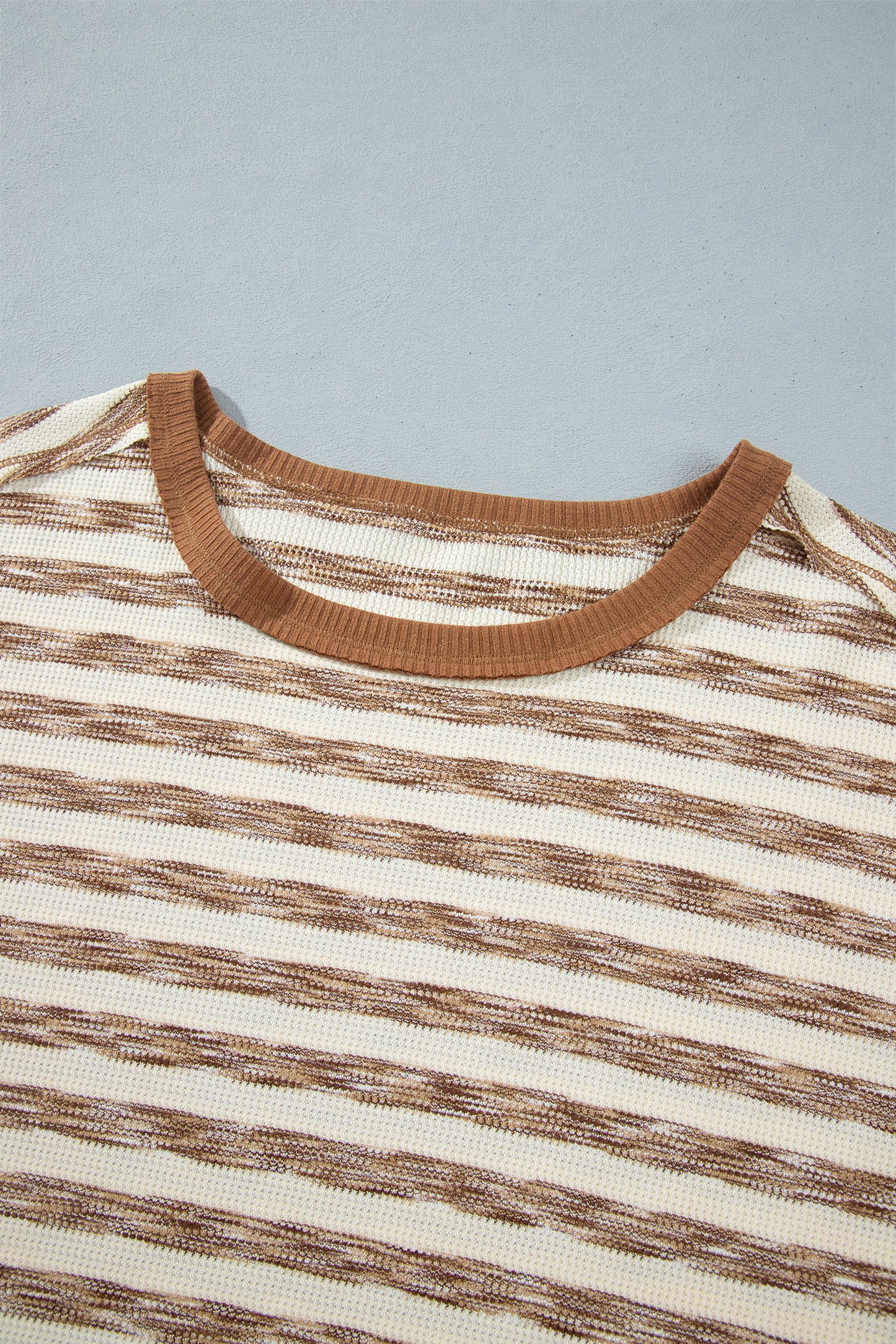 Brown Stripe Textured Knit Color Block Trim Long Sleeve Round Neck Top