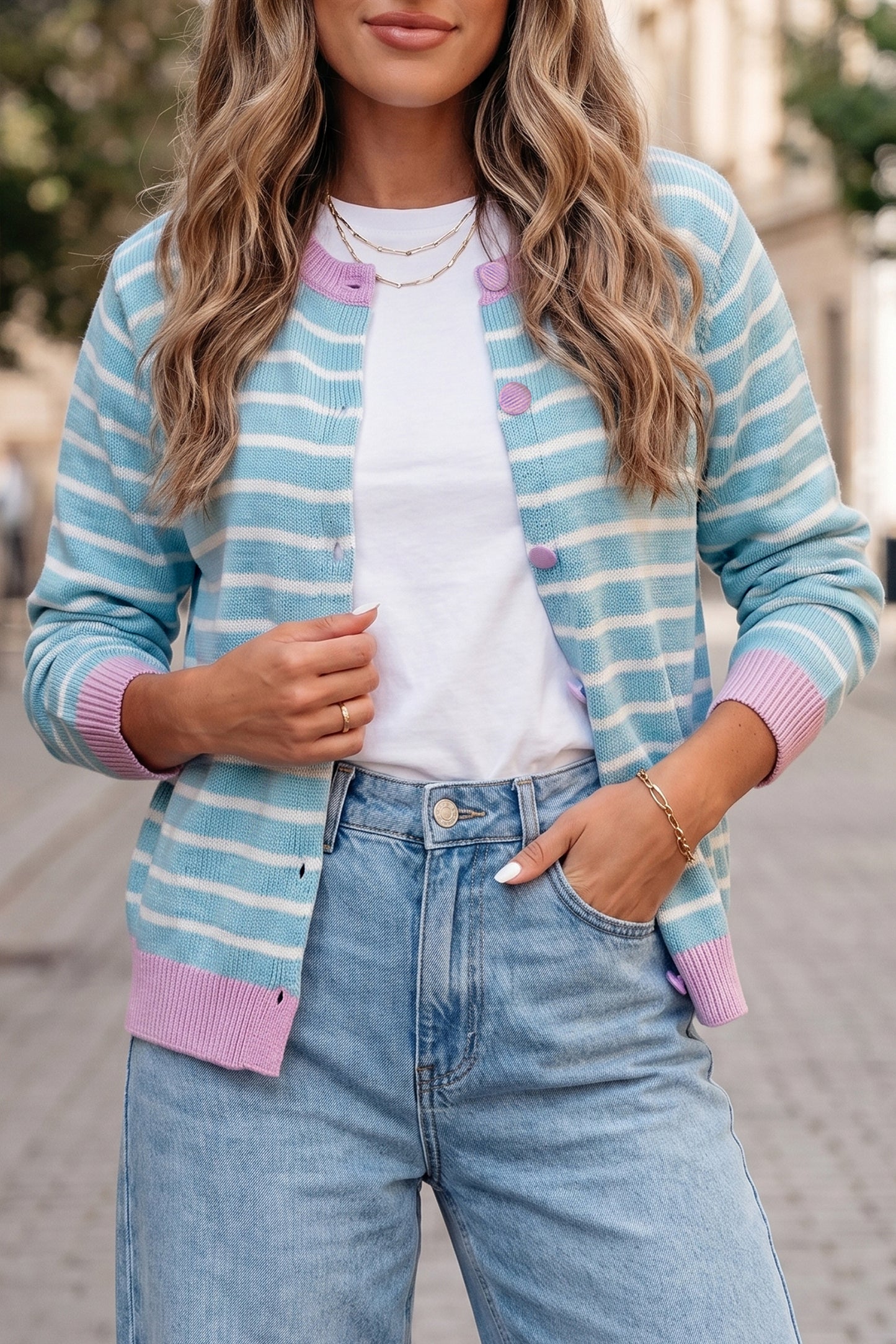 Sky Blue Stripe Contrast Trim Button Down Casual Sweater Cardigan