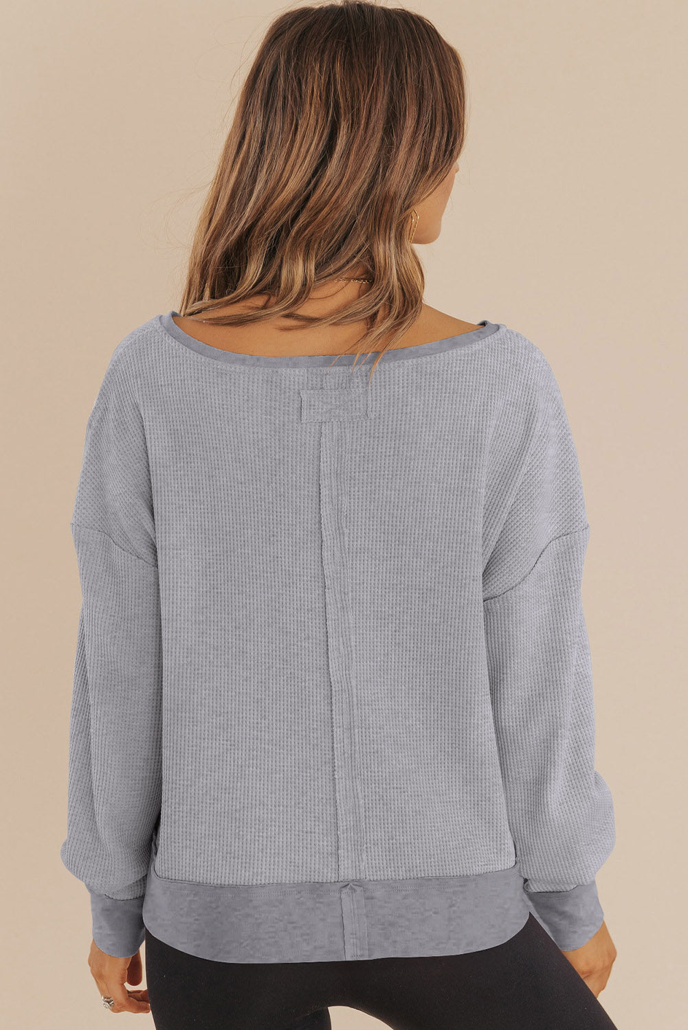 Gray Waffle Knit Notched V Neck Drop Shoulder Solid Sweatshirt