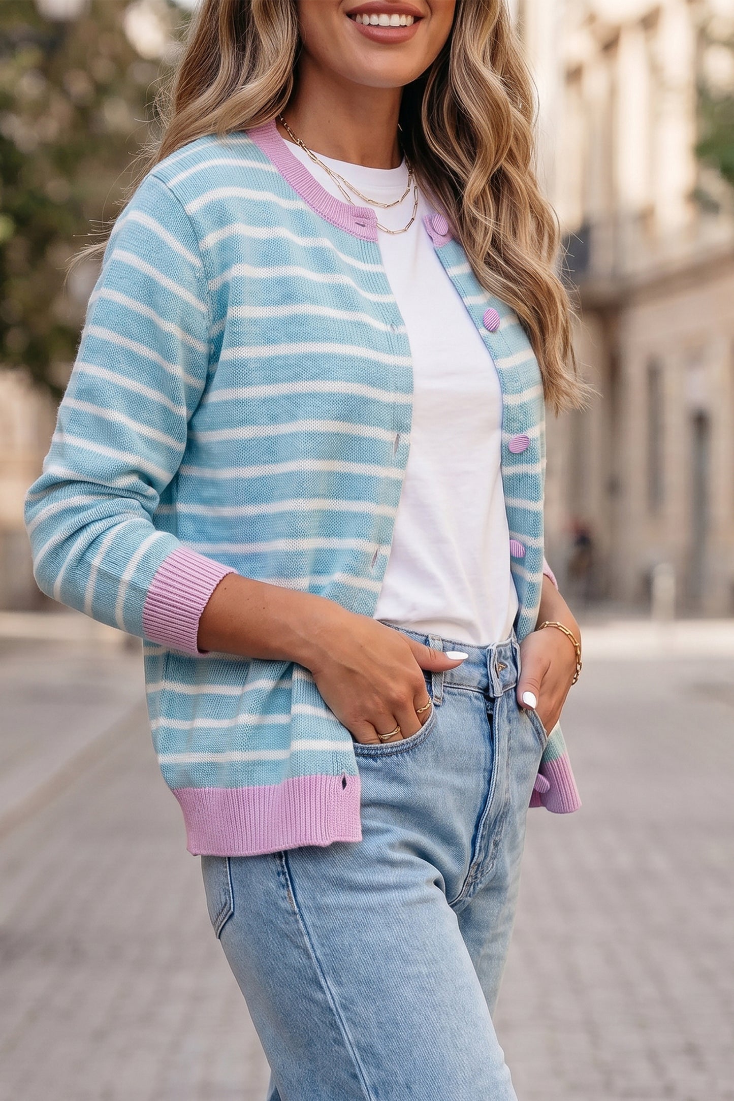 Sky Blue Stripe Contrast Trim Button Down Casual Sweater Cardigan