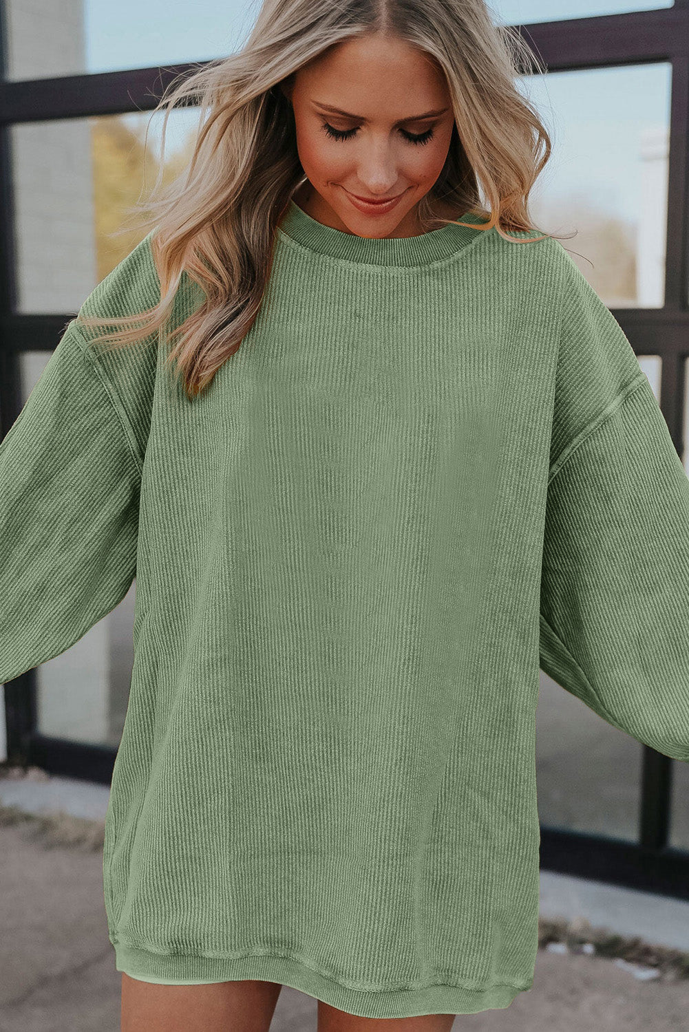Strawberry Pink Ribbed Corduroy Oversized Sweatshirt