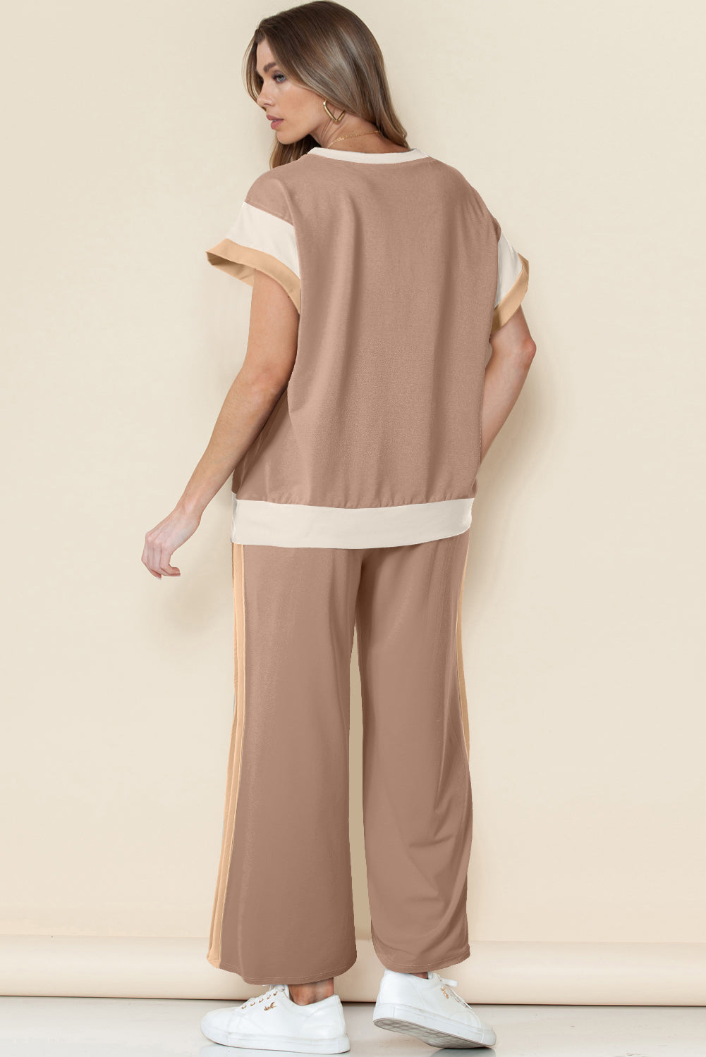 Strawberry Pink Color Block Detail Casual Two-piece Set