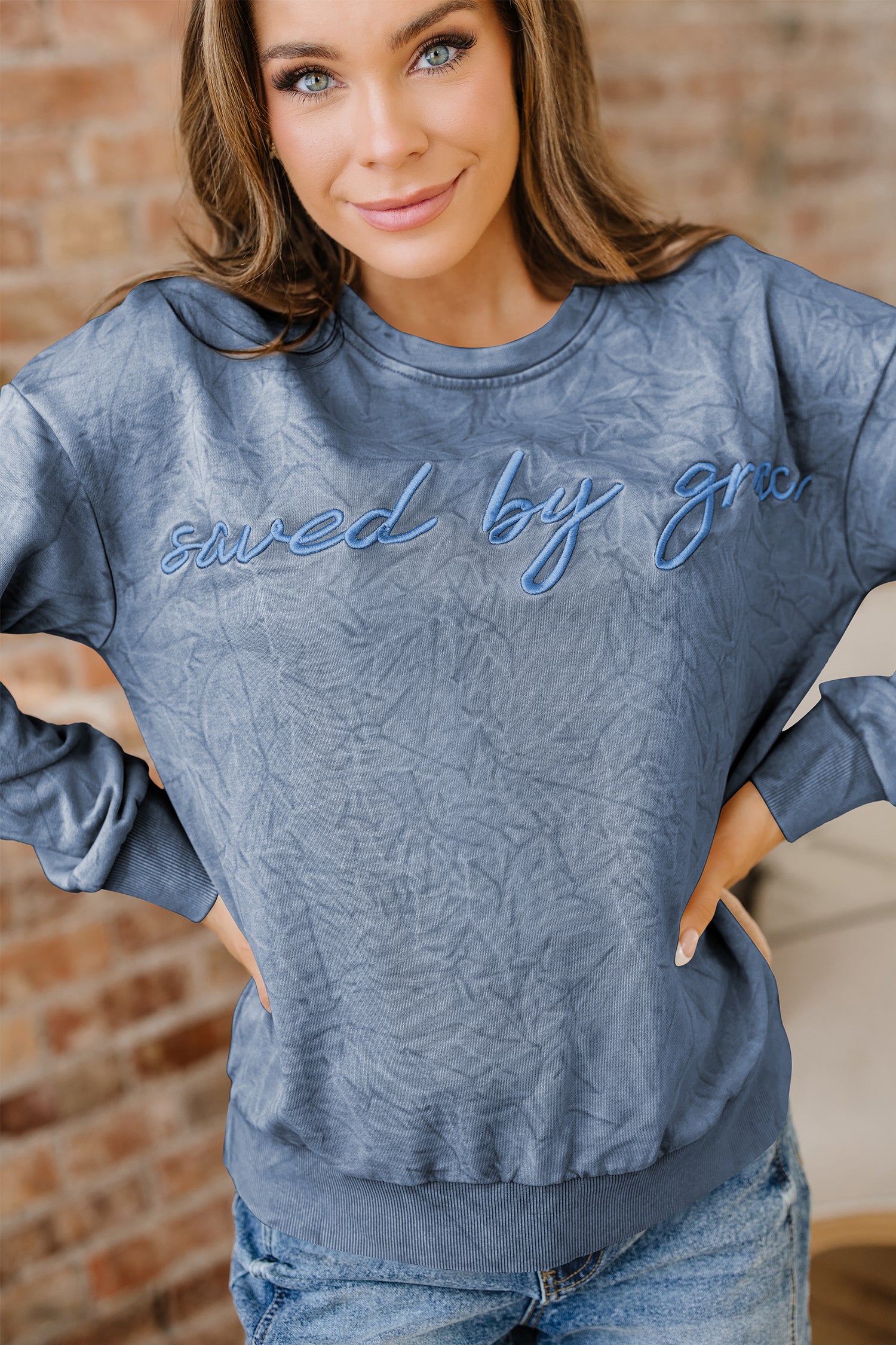 DUNE saved by grace Letter Embroidery Mineral Wash Loose Sweatshirt