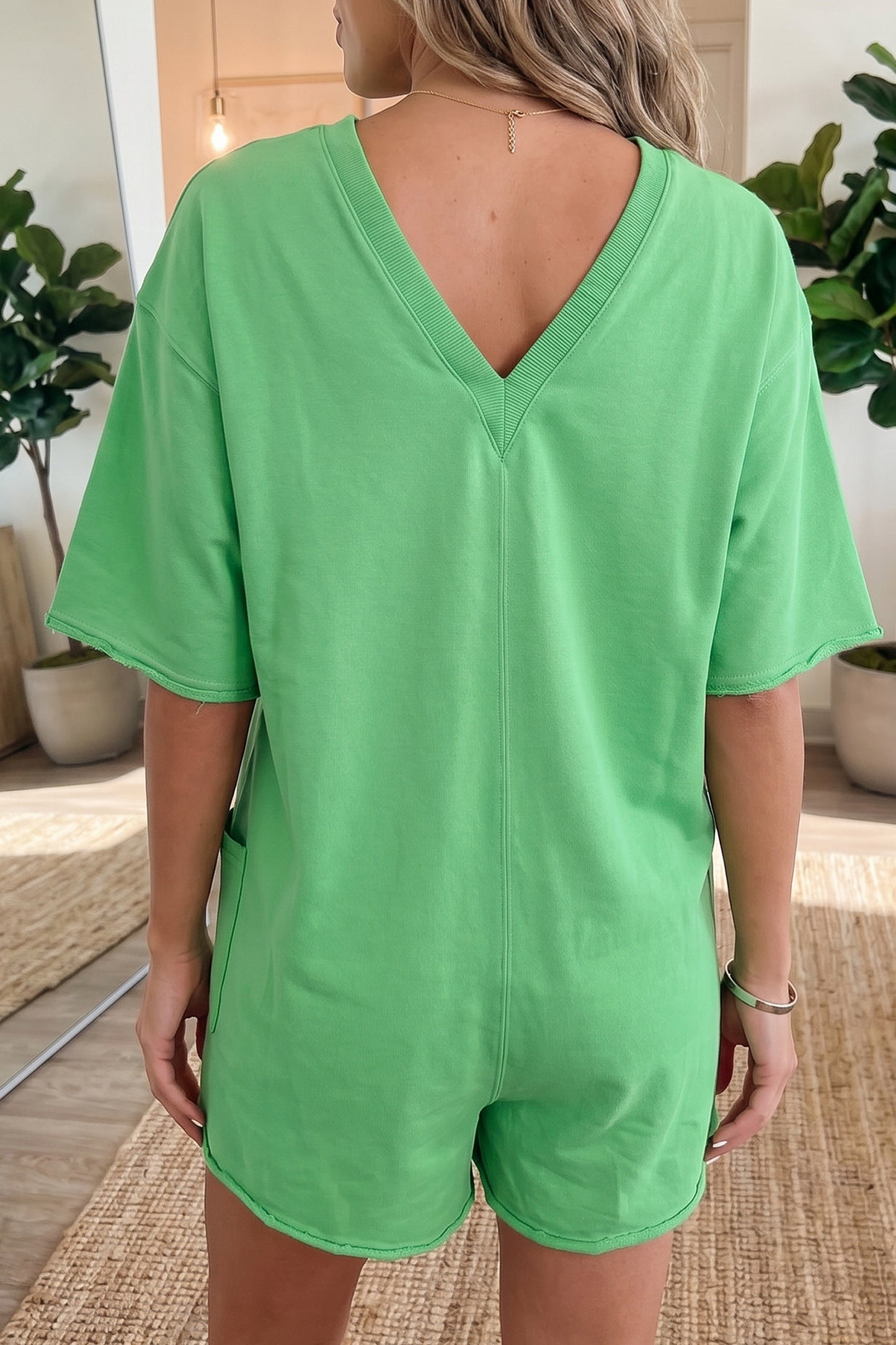 Fiery Red Solid Color Raw Edge Half Sleeve Pocketed Loose Romper