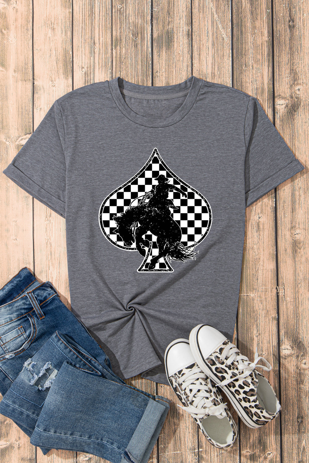 Gray Redeo Check Spades Western Graphic T Shirt