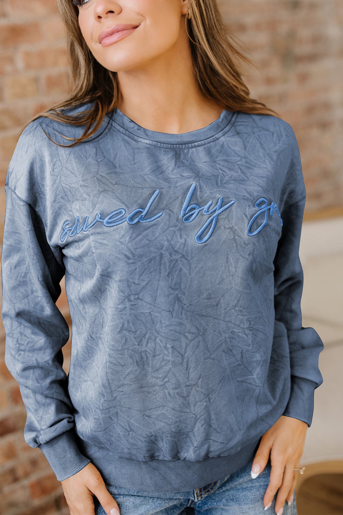 DUNE saved by grace Letter Embroidery Mineral Wash Loose Sweatshirt