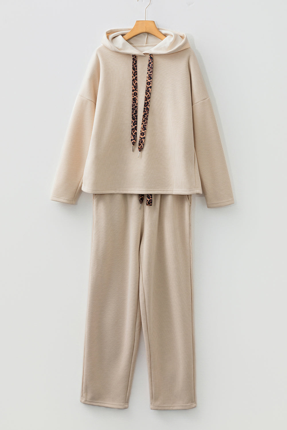 Dark Khaki Leopard Drawstring Pullover Hoodie and High Waist Pants Corduroy Suit