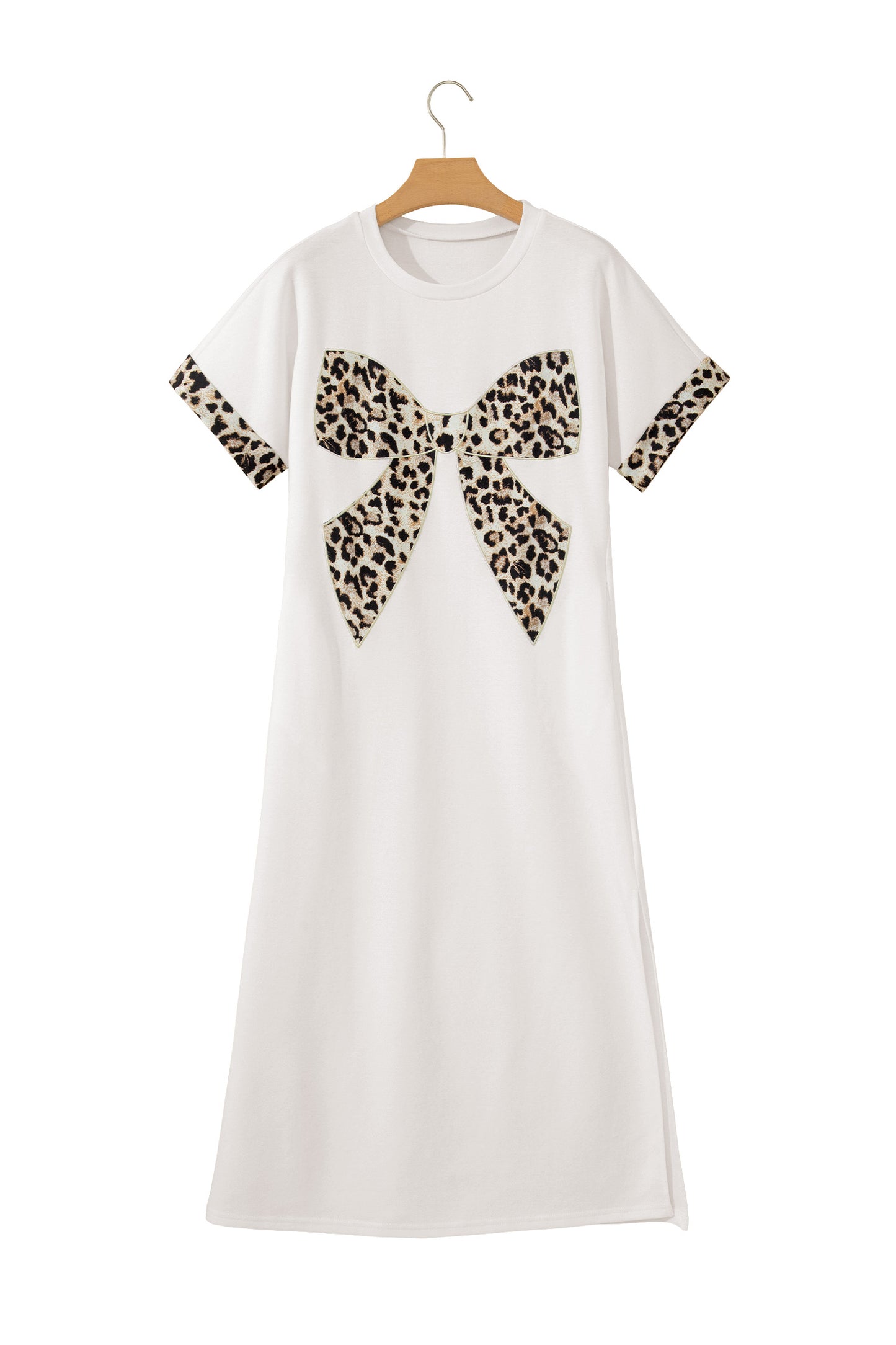 Dark Grey Contrast Leopard Bow Patched Short Sleeve T Shirt Long Dress