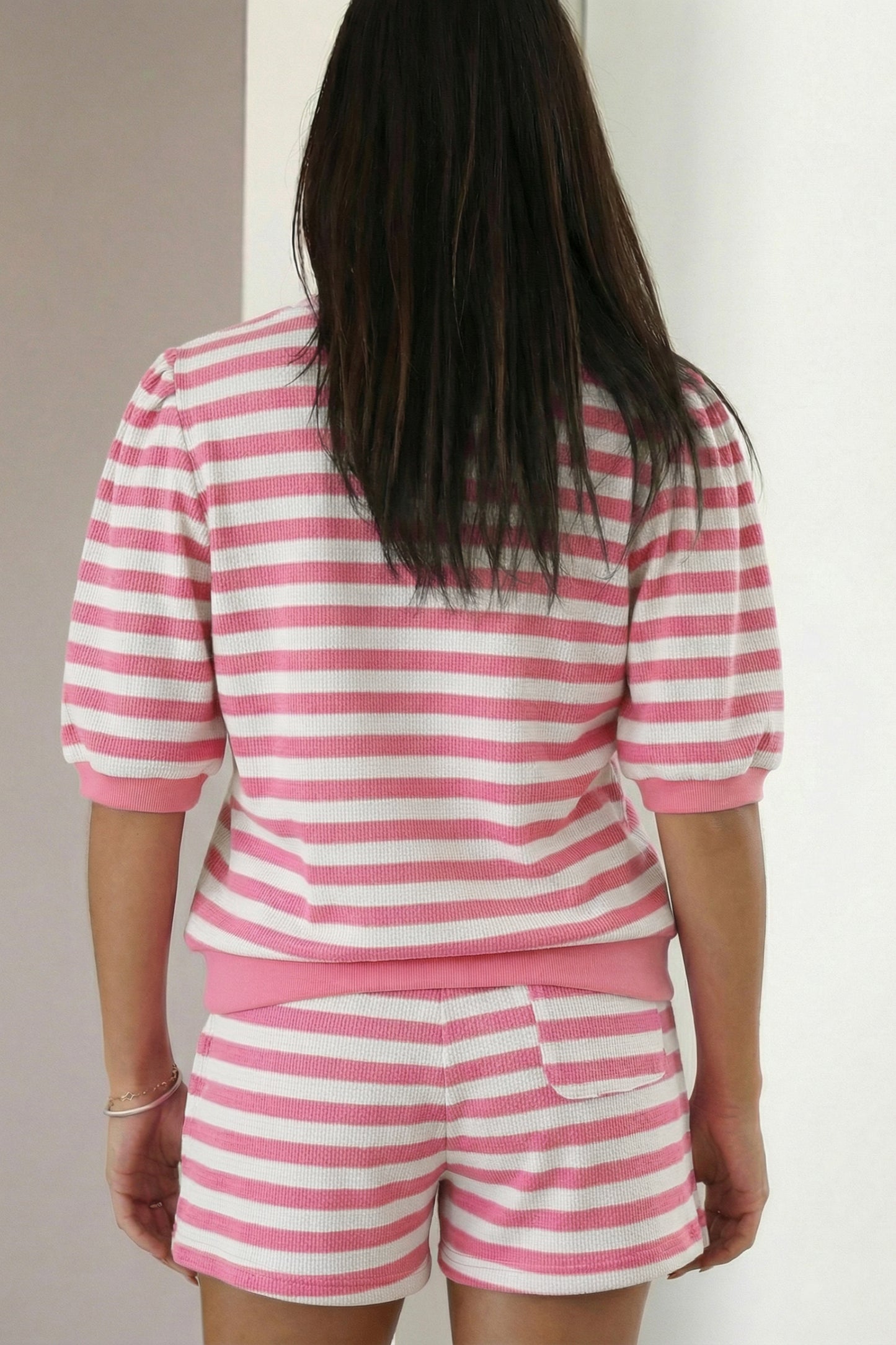 Green Stripe Puff Short Sleeve T Shirt Matching Shorts Set