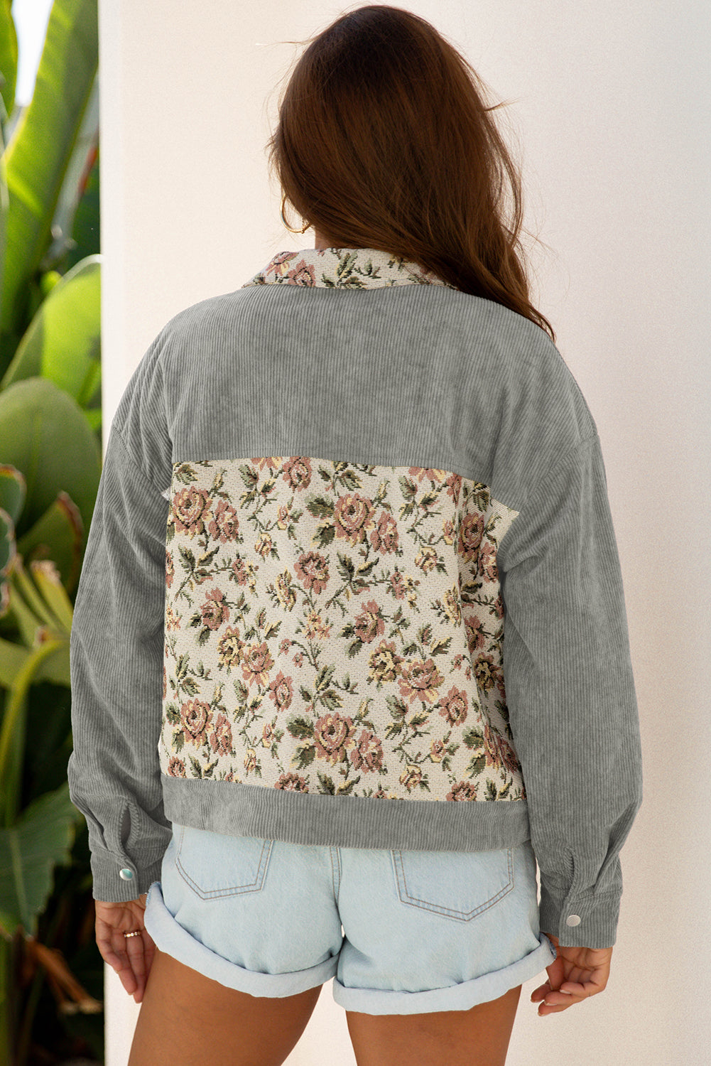 Dearlovers Sage Green Ribbed Retro Floral Patchwork Shirt Style Jacket