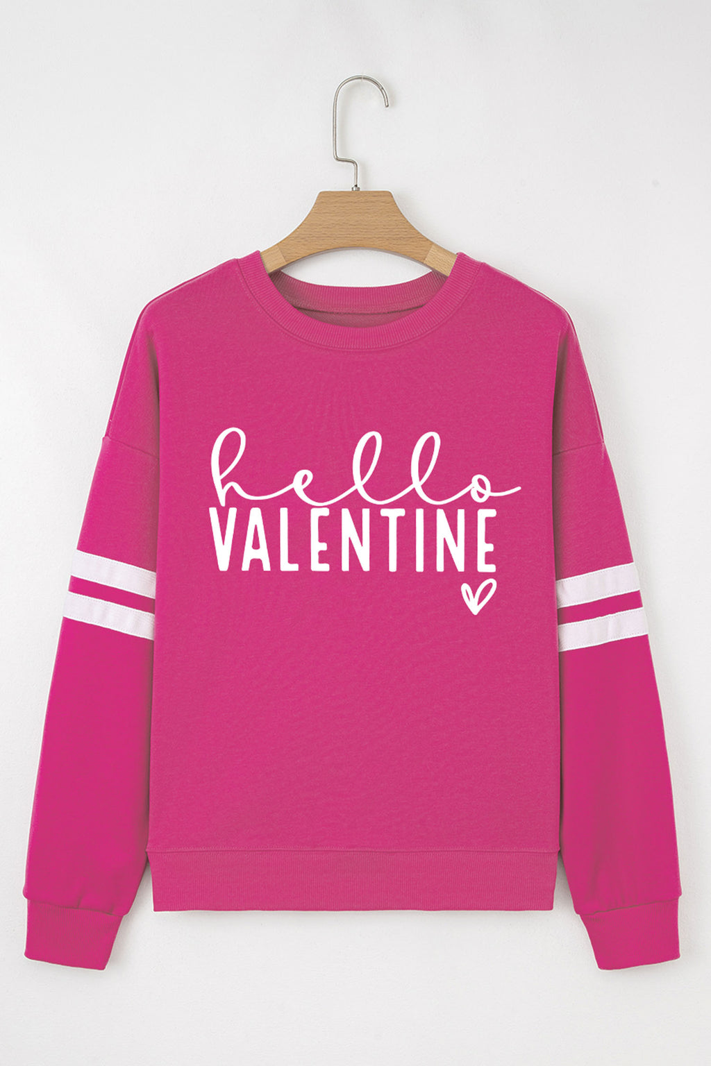 Rose Red Hello Valentine Varsity Striped Sleeve Baggy Sweatshirt