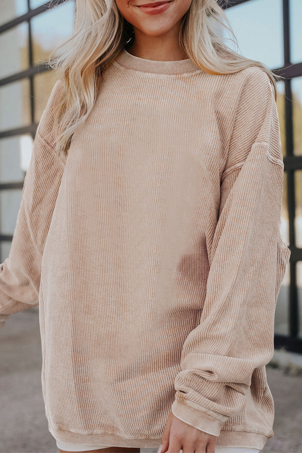 Strawberry Pink Ribbed Corduroy Oversized Sweatshirt